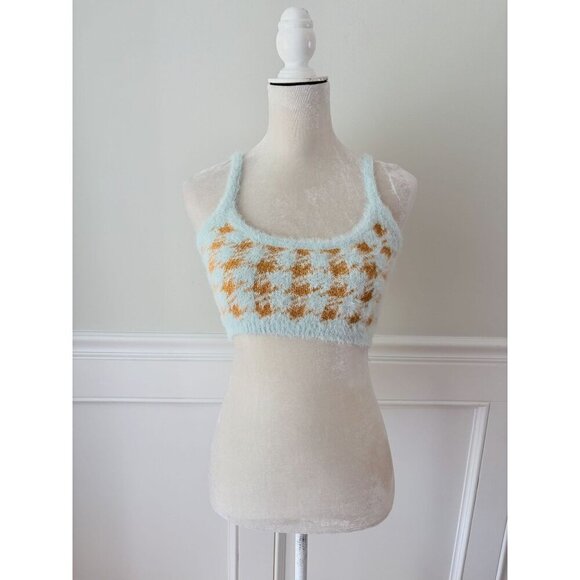 Avantlook Tops - Avantlook Houndstooth Mohair Crop Top M Aqua Orange